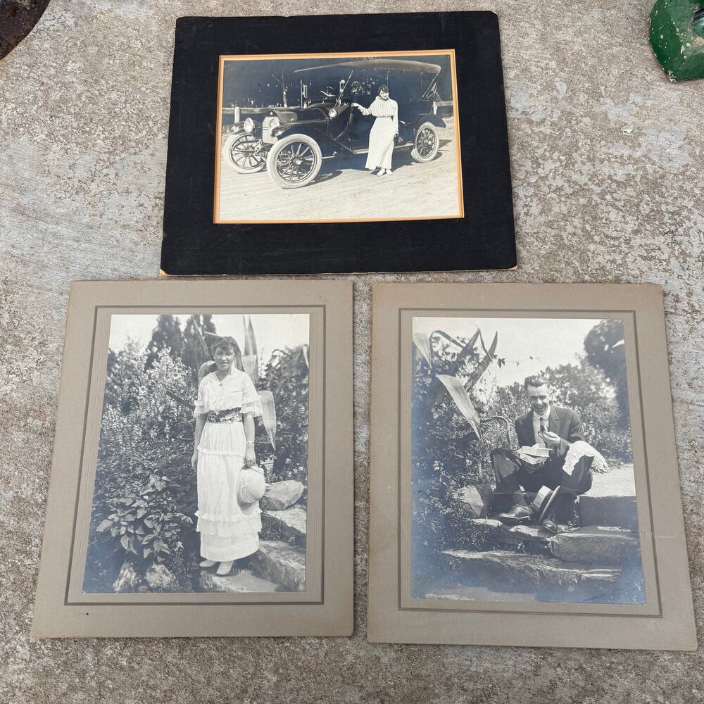 Antique Lot (3) Daguerreotypes? Photos of Woman by Car & Woman/ Man Well Dressed